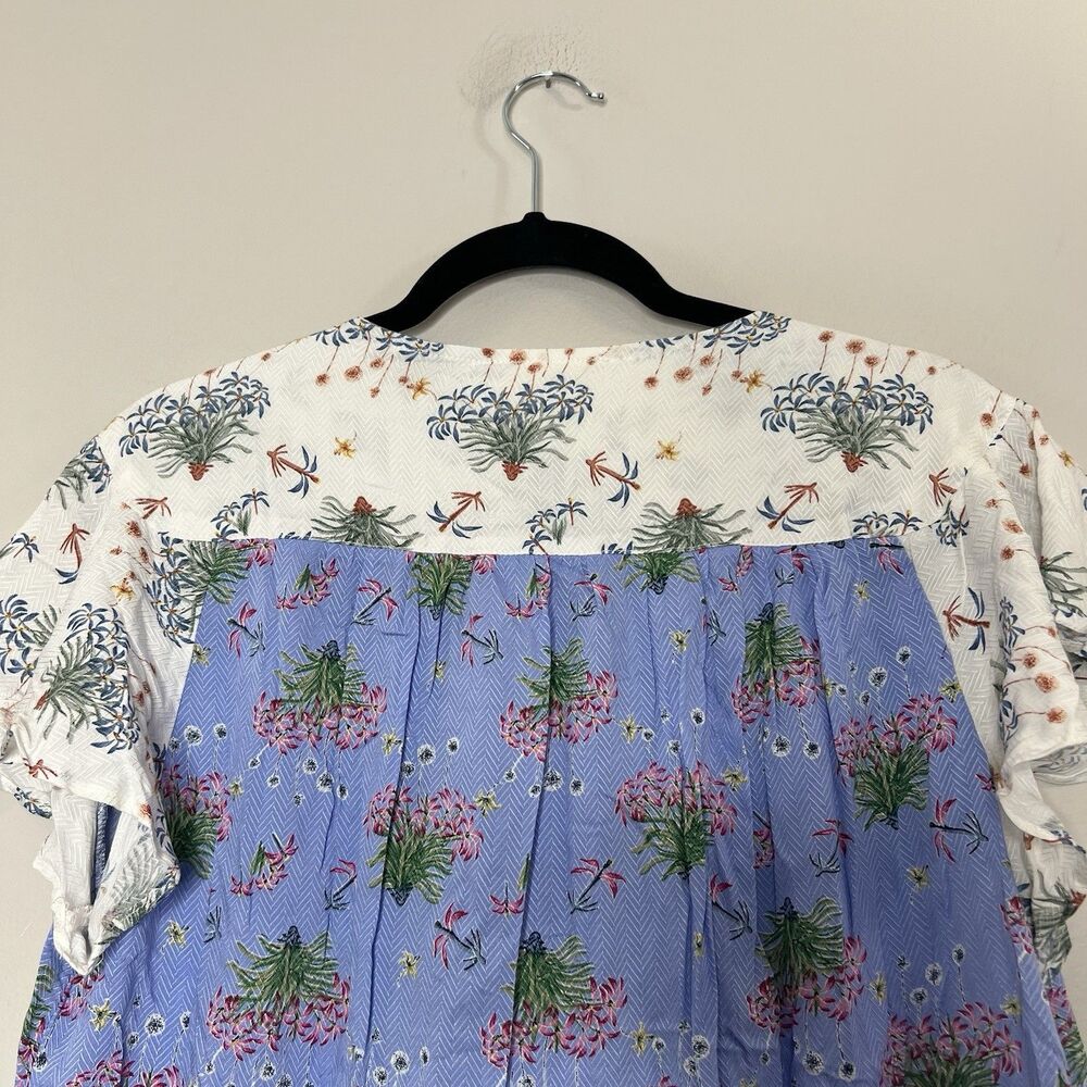 Entro Top Blouse Women Large Blue White V-Neck Short Sleeve Floral Boho NWT - Picture 7 of 11